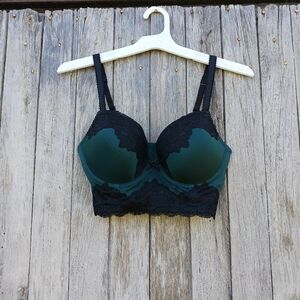 H&M Forest Green Black Lace Bustier Pushup Bra Adjustible Straps Size 34D